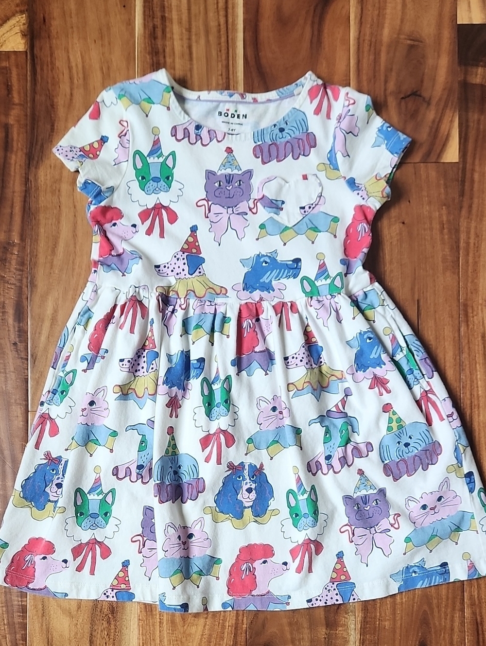 Mini Boden Dress with Colorful Party Animal Birthday Print 7/8 Girl